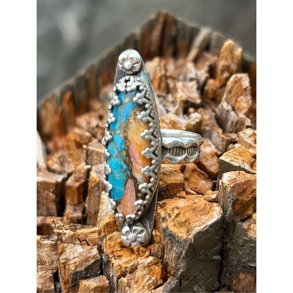 Ring, Statement Turquoise & Spiny Oyster Ring, Sterling Silver Ring, size 5, Han - Picture 1 of 8